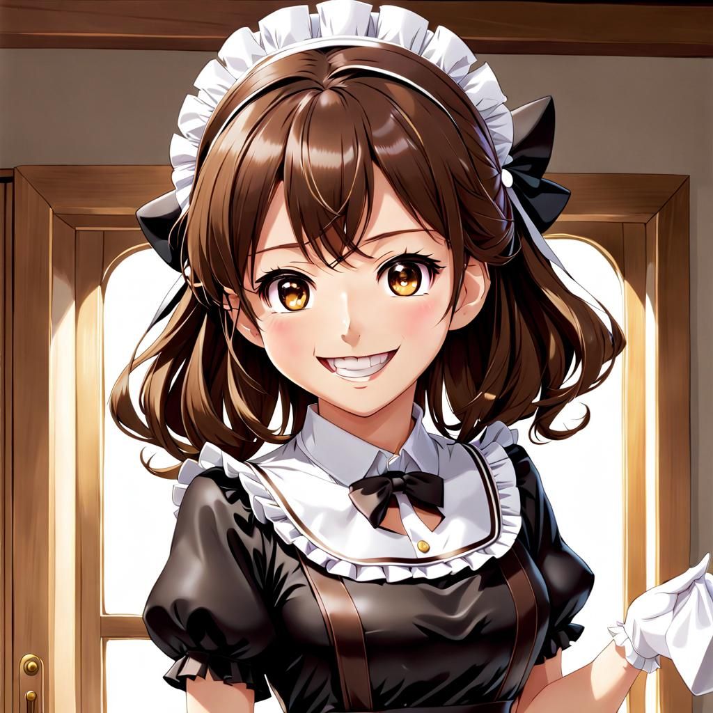 Anime Maid with Brown Hair and Wide Smile