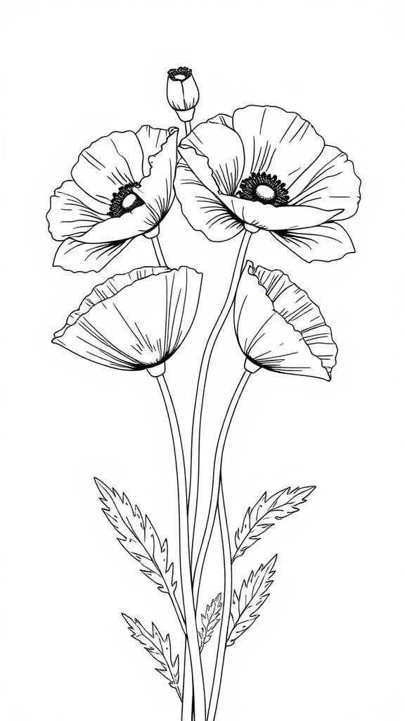 Bold Black and White Line Art Poppy Flowers in a Frame