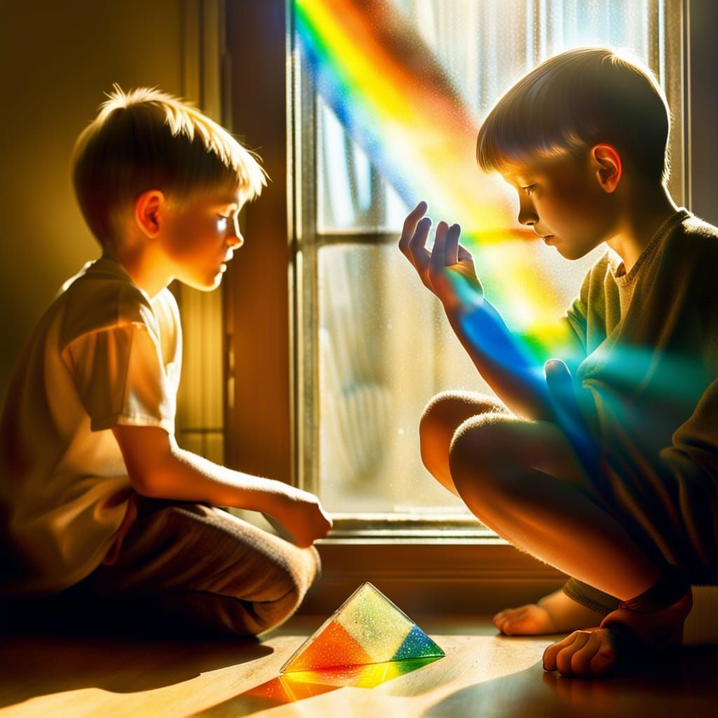 Boy Creates Rainbow with Glass, Classic Painting