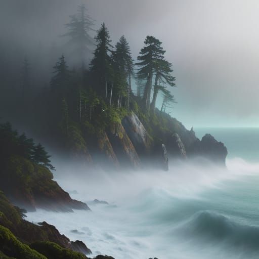 Forest Meets Sea Panorama in Vibrant Oil Painting