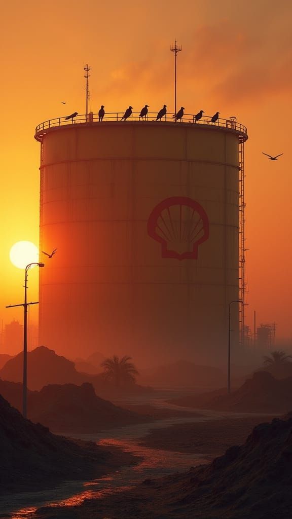 Middle East Oil Tank at Sunset with Ravens
