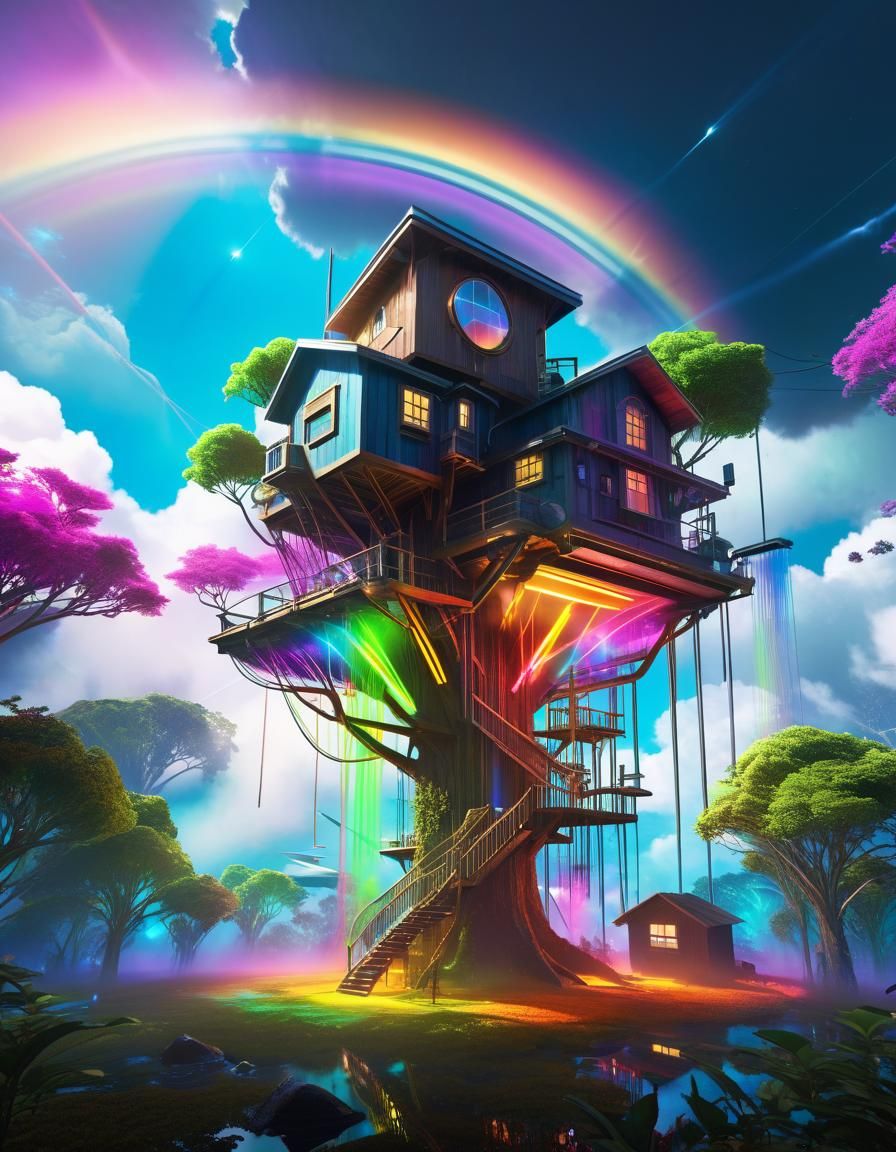 Surreal Cloud-Seeding Treehouse with Bioluminescent Accents