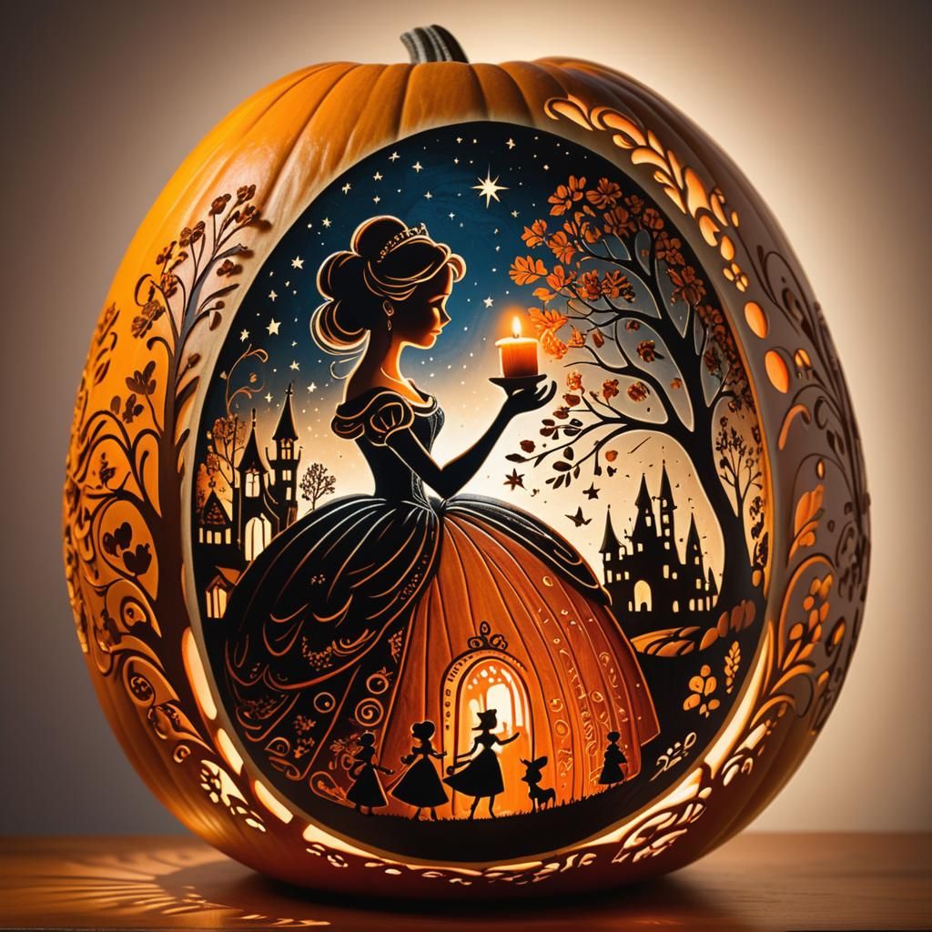 Magical Cinderella Silhouette Carved on Gourd