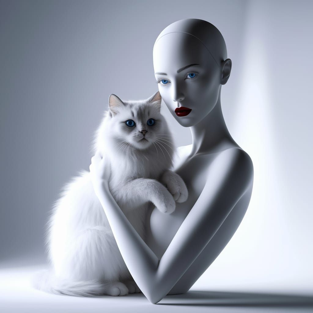 Ethereal Woman Holding Cat in White Monochromatic Photo