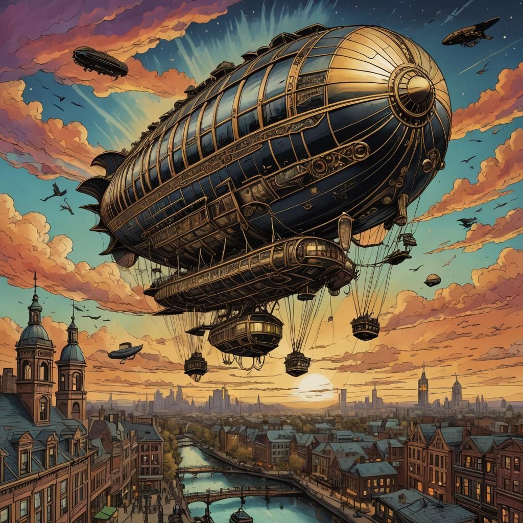 Steampunk Zeppelin's Dramatic Fall: Brass Line Art