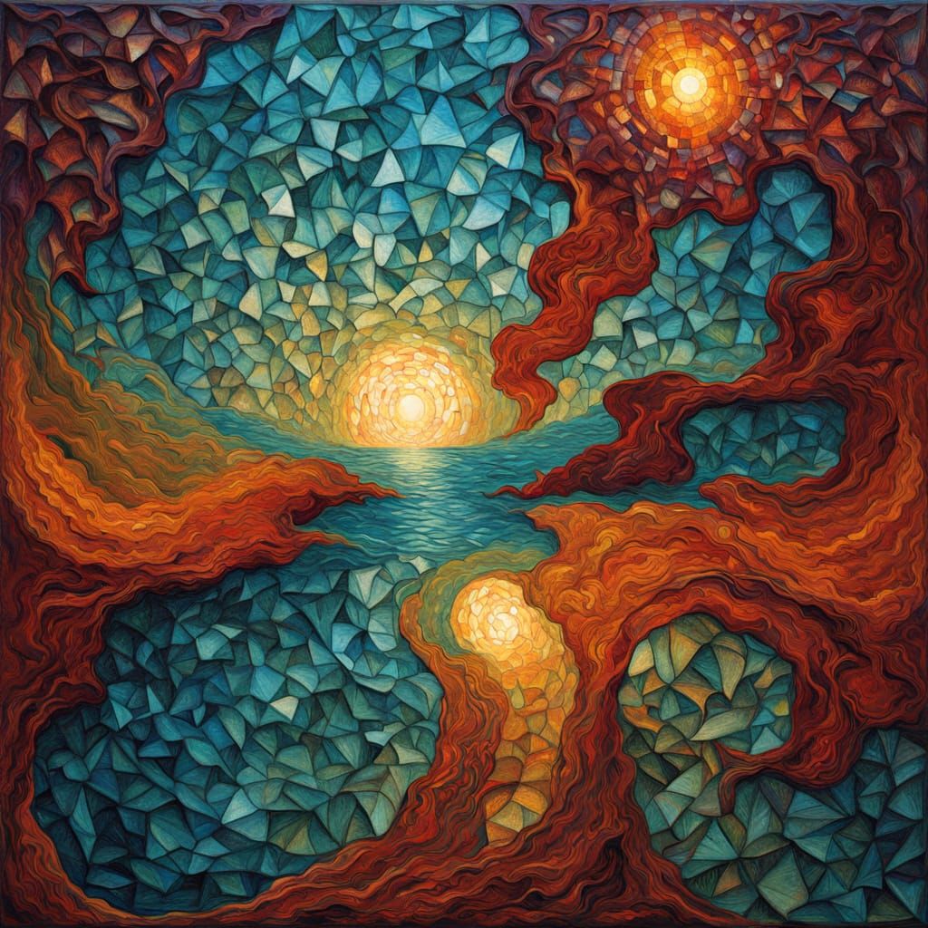 Metamorphic Portrait in Stained Glass Mosaic Style