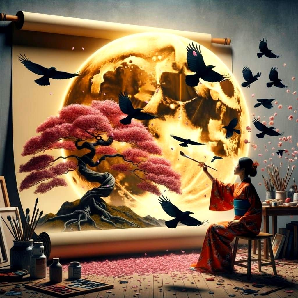 South Asian Woman Paints Cherry Blossom Scroll Under Gold Mo...