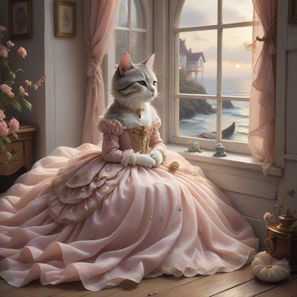 Anime Sunrise: Woman and Kitten in Dreamy Landscape