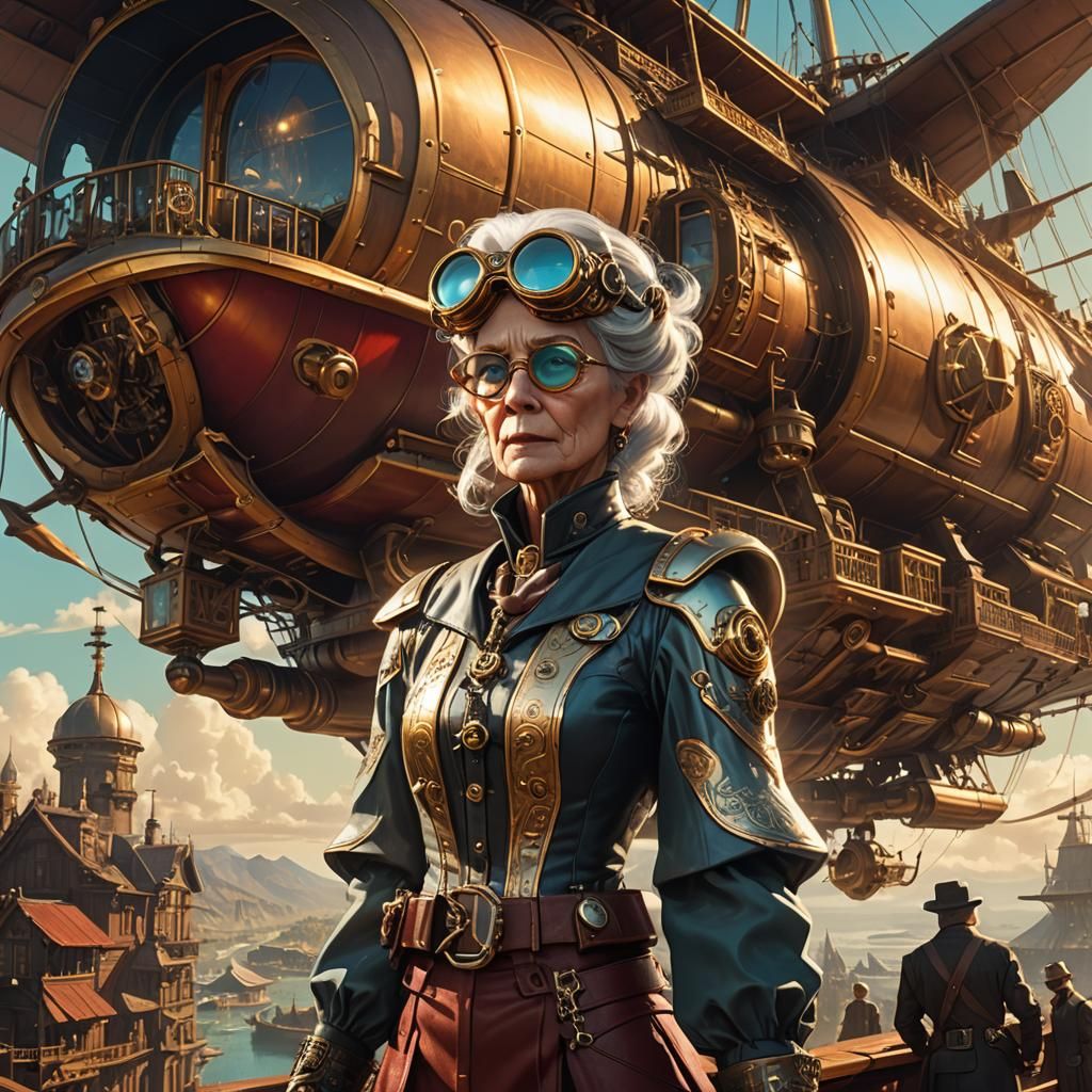 Steampunk Lady Flies Airship in Golden Light