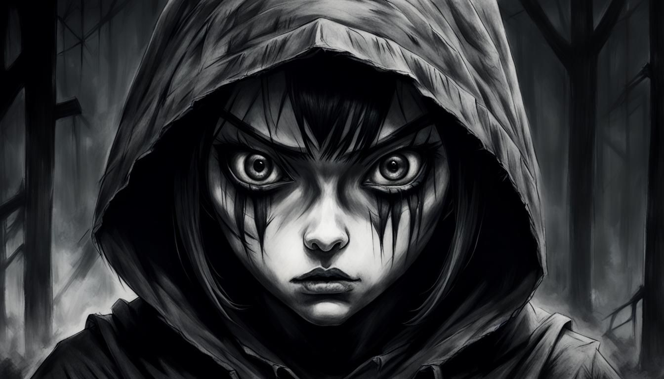 Eerie Hooded Girl Stares: Charcoal Manga Drawing