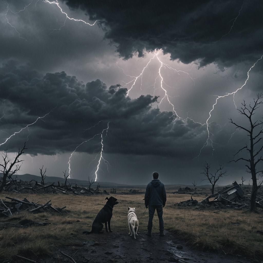 Grimdark Man and Dog in Apocalyptic Landscape