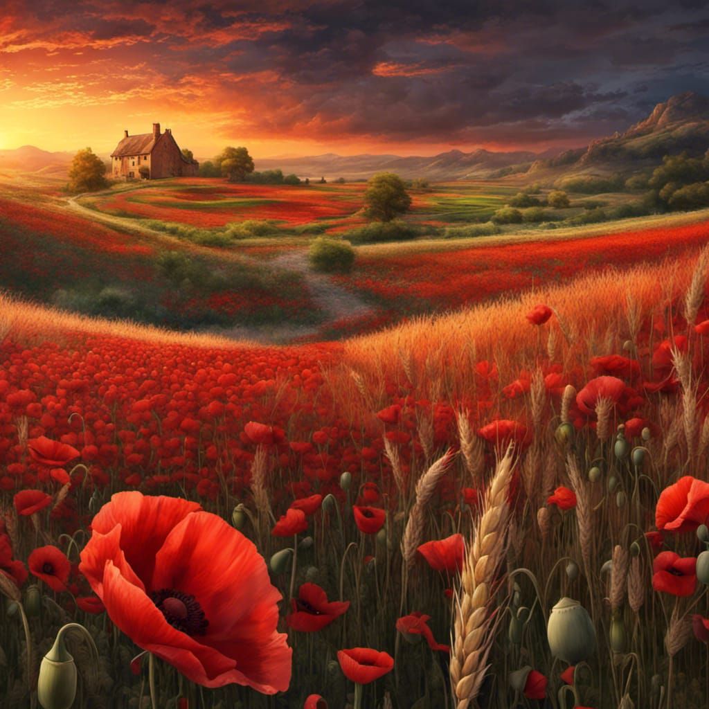 Red Poppy Field Sunset: Digital Art Masterpiece