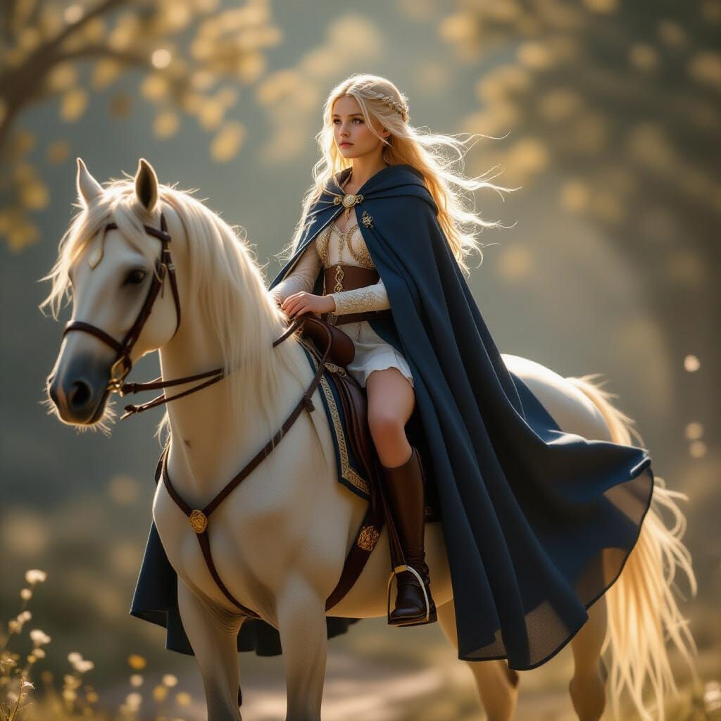 Young Mage on Golden Horse in Cinematic Style
