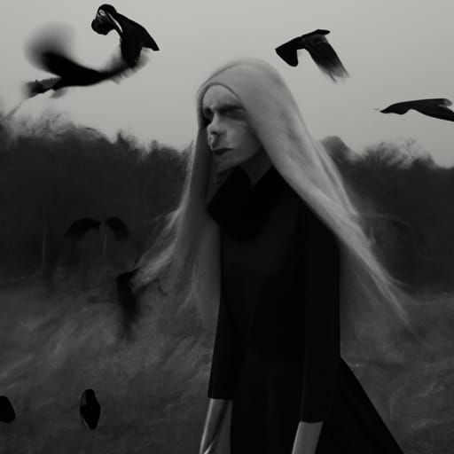 Creepy Horror: Girl with Birds in Monochrome