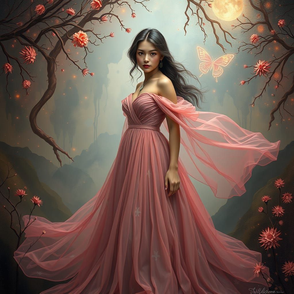Dreamlike Portrait of Enigmatic Woman in Whimsical Gown
