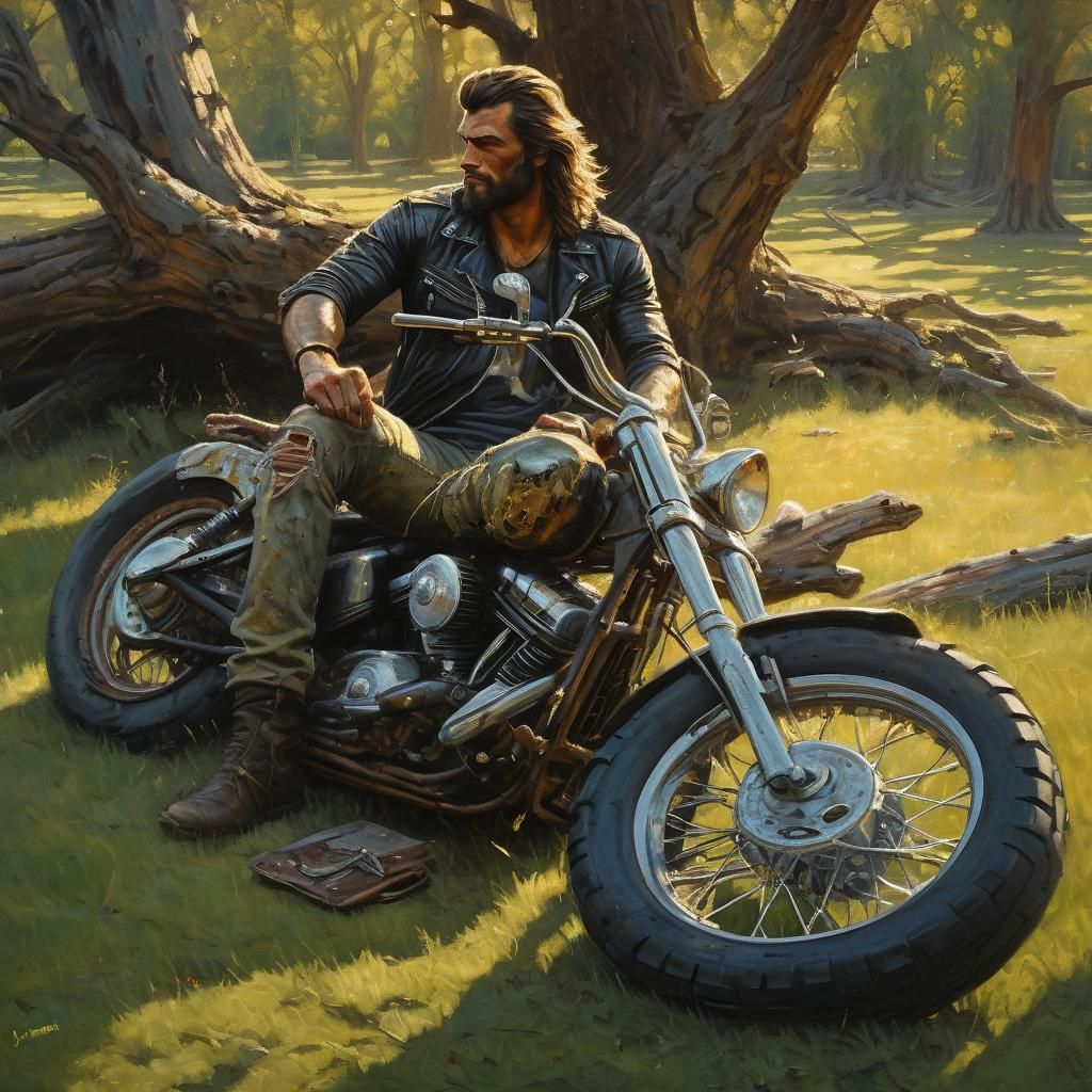 Serene Young Man Cuddles a Cradled Chopper Motorcycle in a G...