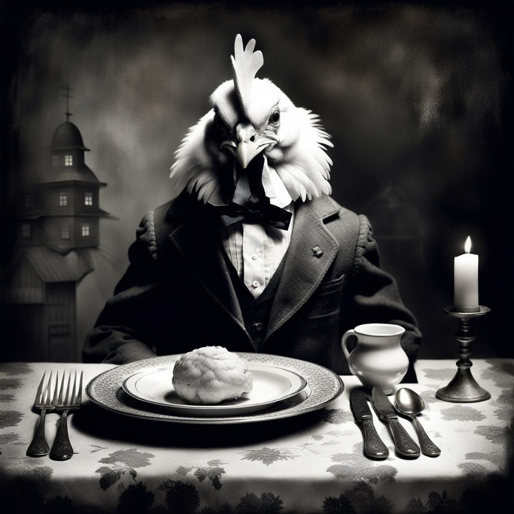 Vintage Photo of Chicken at Dinner Table