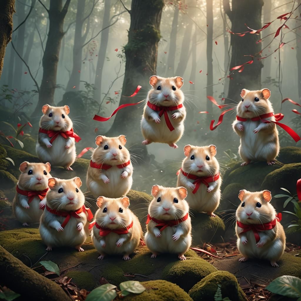 Karate Hamsters in Ethereal Misty Forest