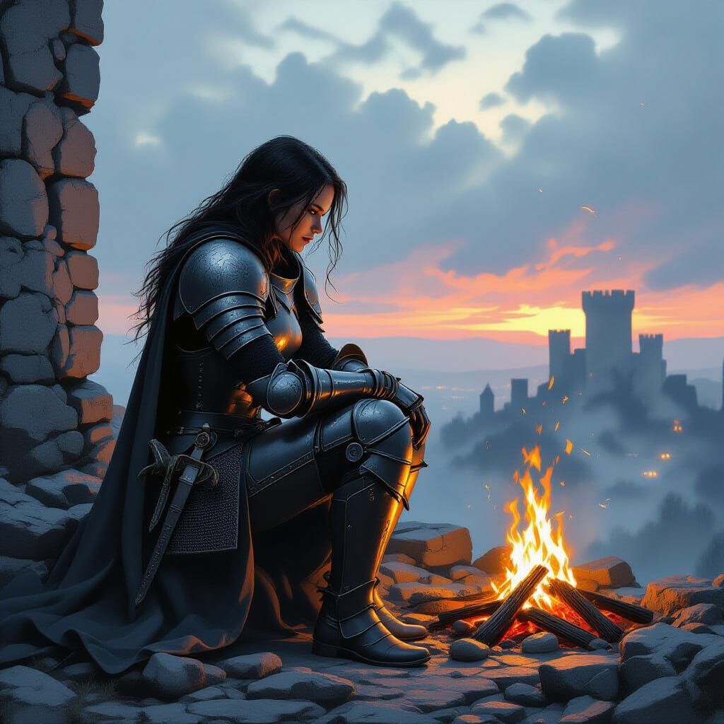 Knight Contemplates Campfire in Ruined Castle