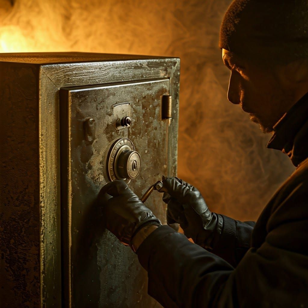 Burglar Cracks Safe with Plunger in Noir Style
