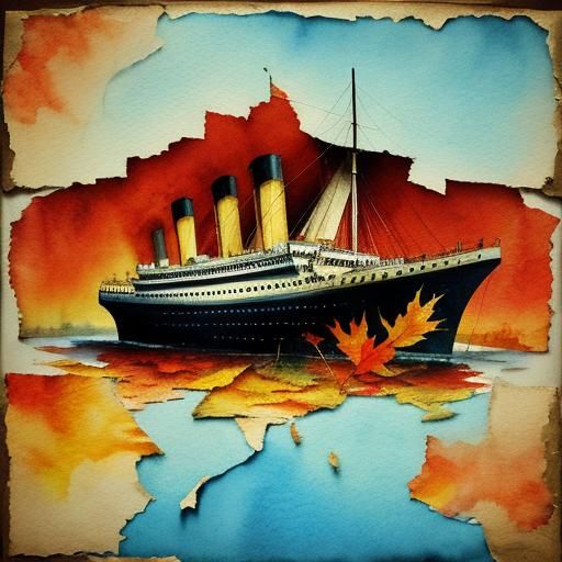torn paper collage art, watercolours - fall with an evil eerie Titanic, red, yellow, orange, light blue mood. Nostalgic ...
