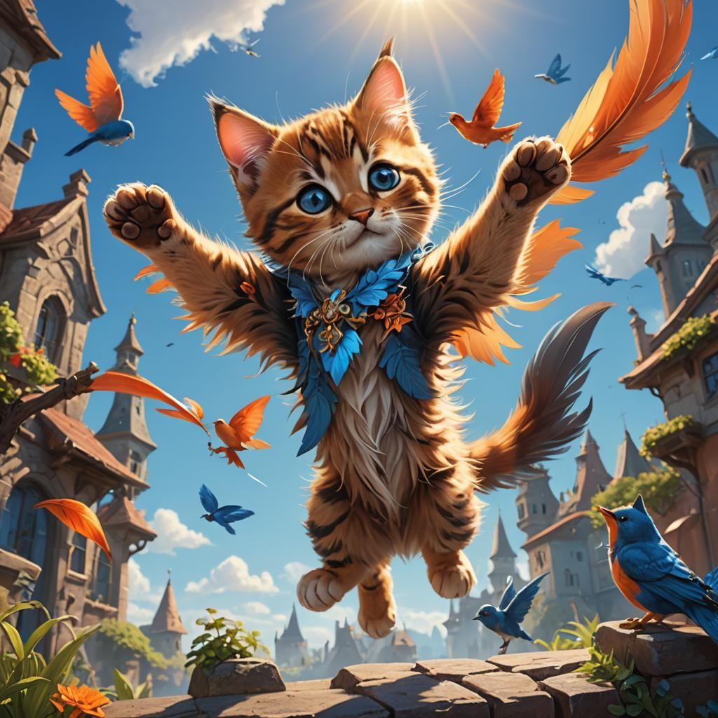 Whimsical Kitten Reaches for Skybound Bird in Vibrant Fantas...