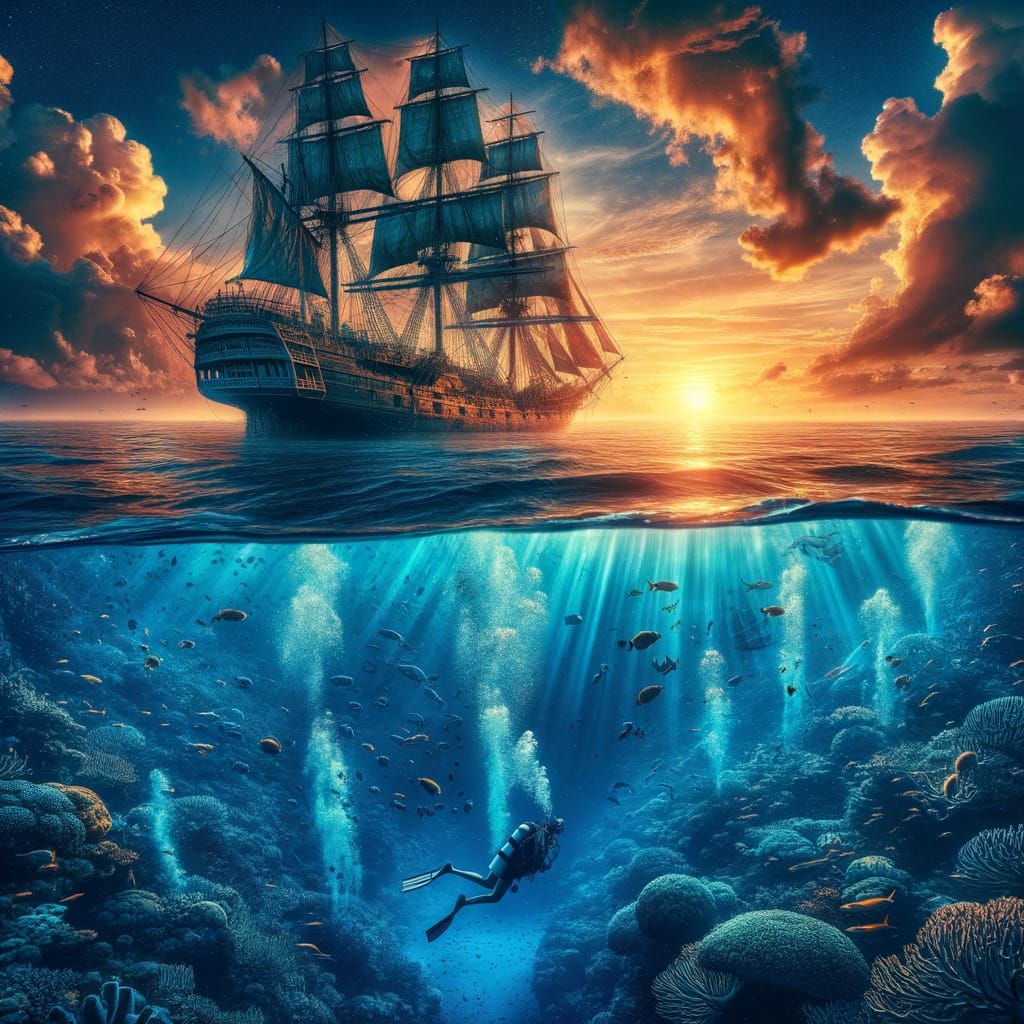 Underwater Scene with Ship and Diver