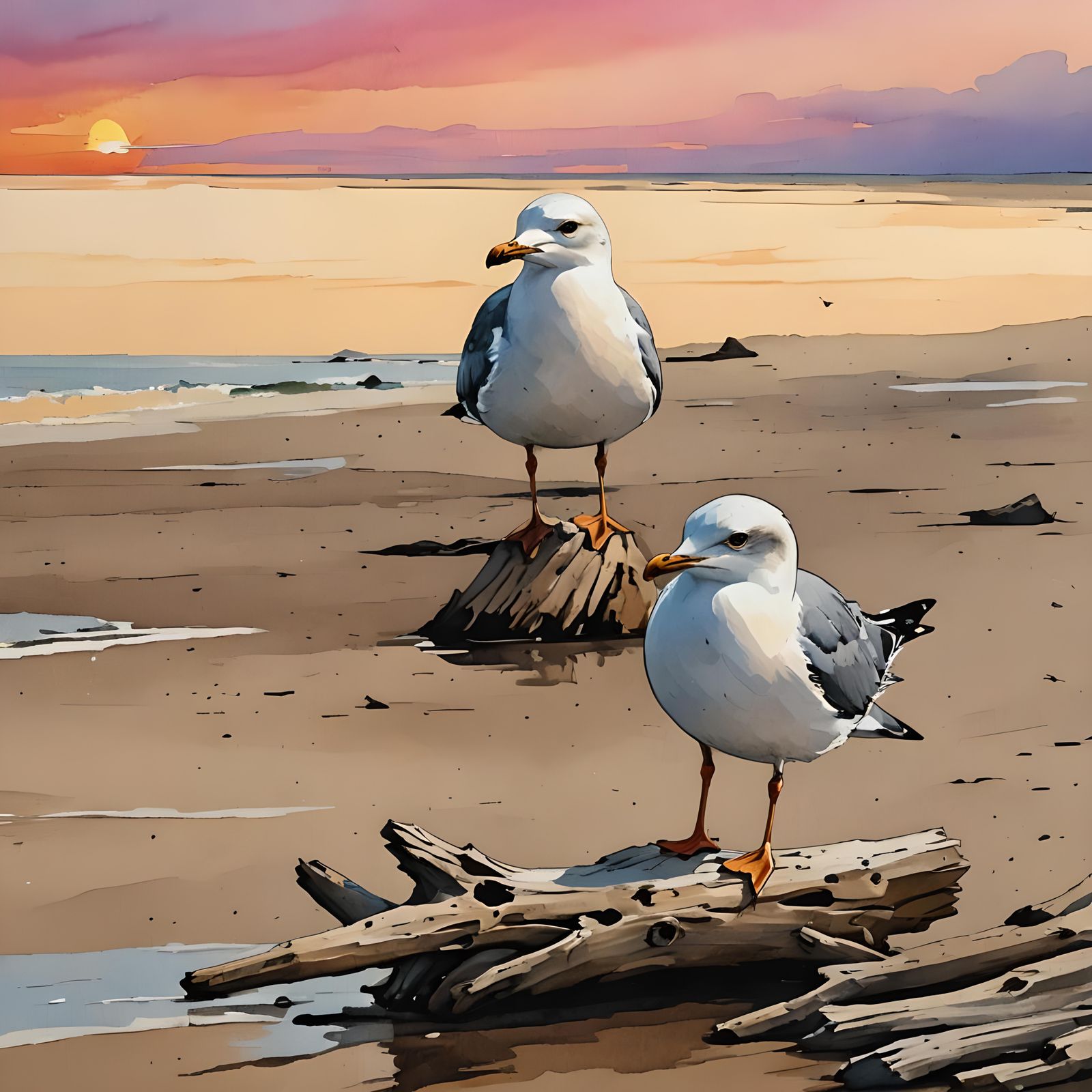 Seagull on Driftwood: Ink Sketch Digital Painting