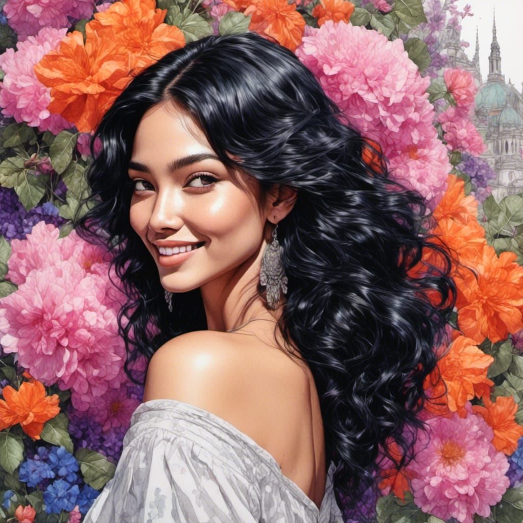 Stunning Black-Haired Woman in Urban Garden Portrait