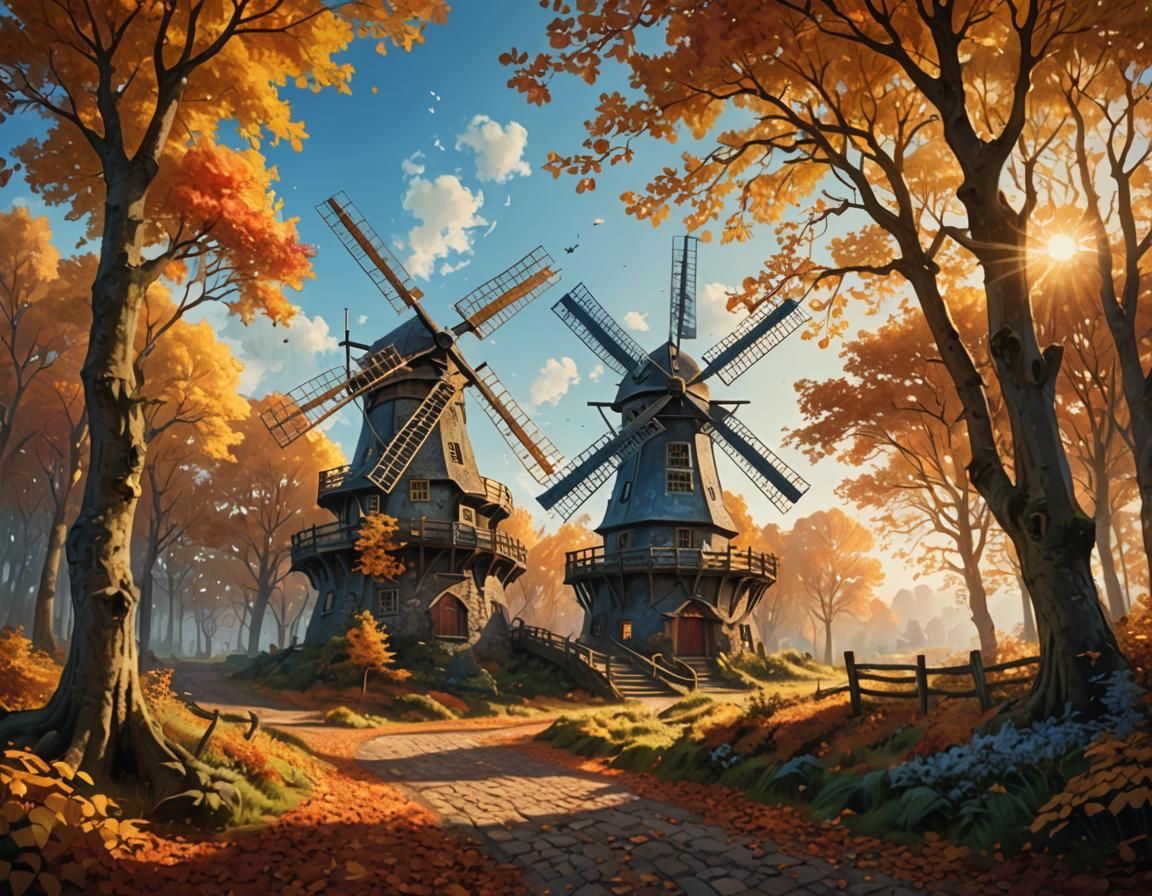 Whimsical Autumn Windmill in Fantasy Landscape