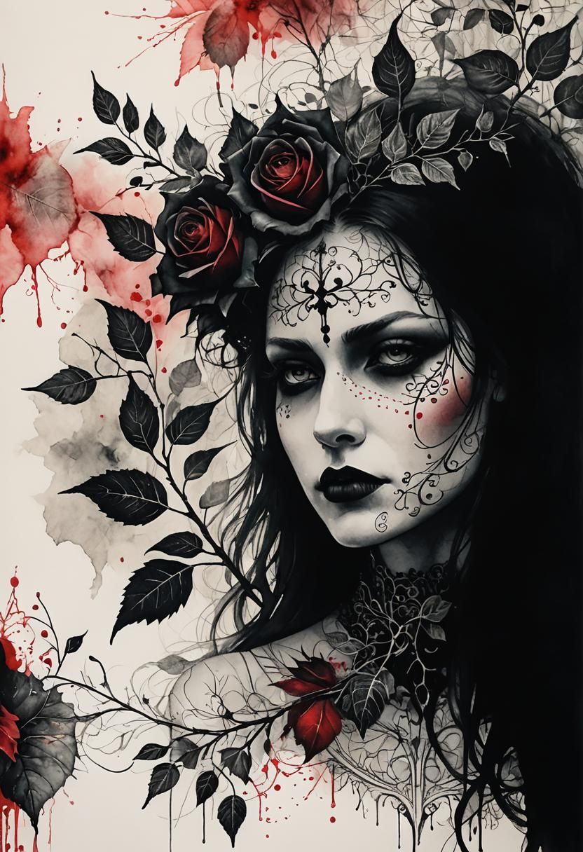 Gothic Surrealism Portrait with Red Roses