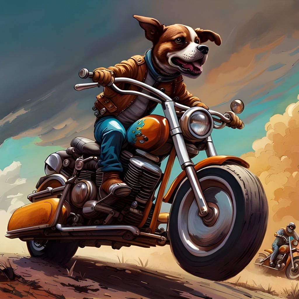 Dog Rides a Motorcycle: Detailed Ink Painting