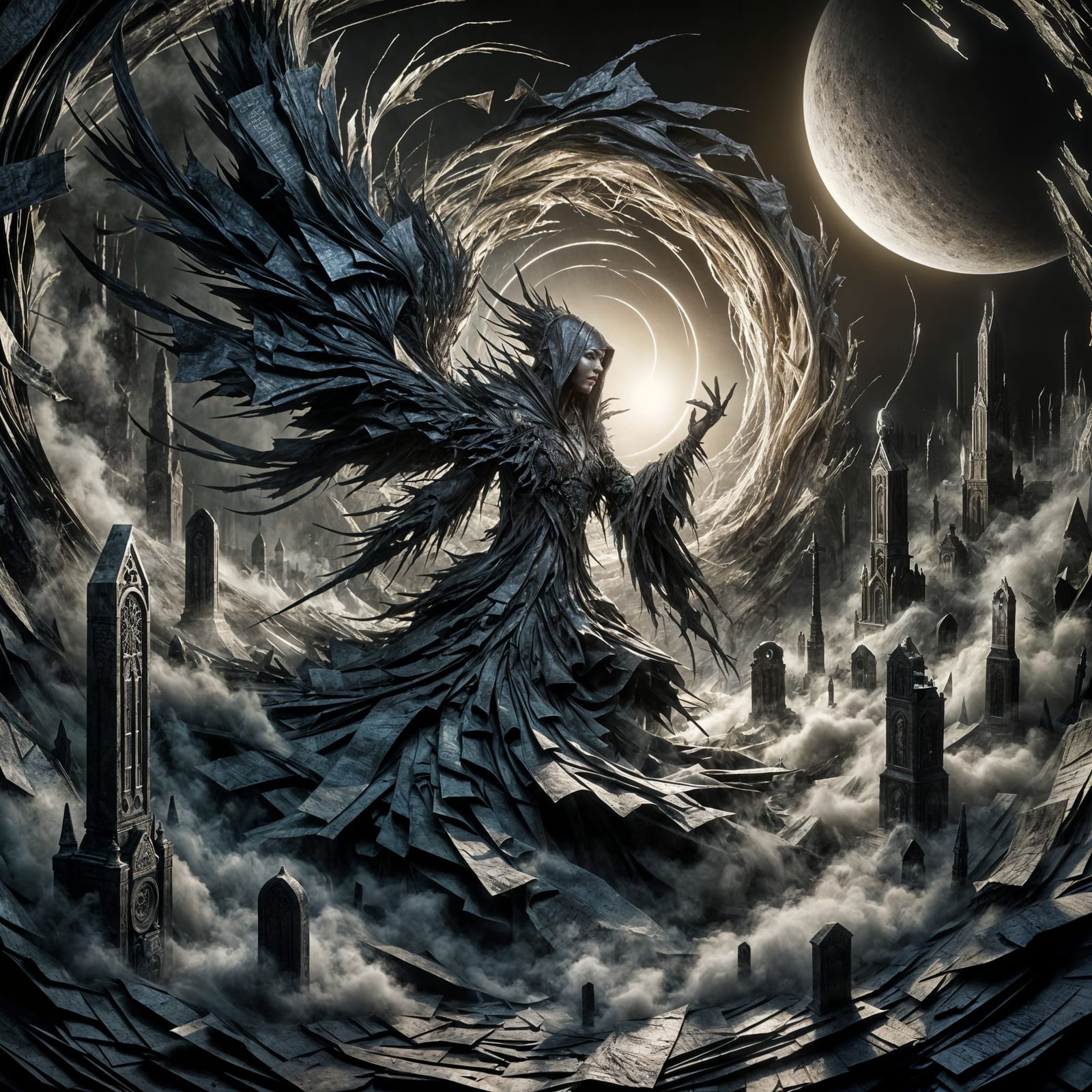 Gothic Vampire Emerges from Ink Parchment Vortex in Graveyar...