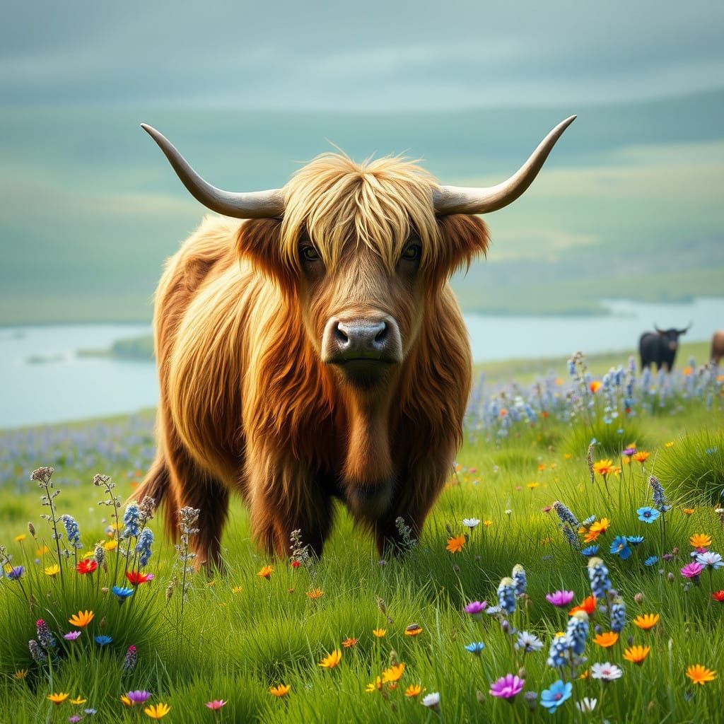 Regal Highland Cow Embarks on a Vibrant Green Meadow