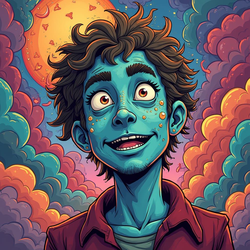Psychedelic Cartoon Man Depicting Mental Anguish