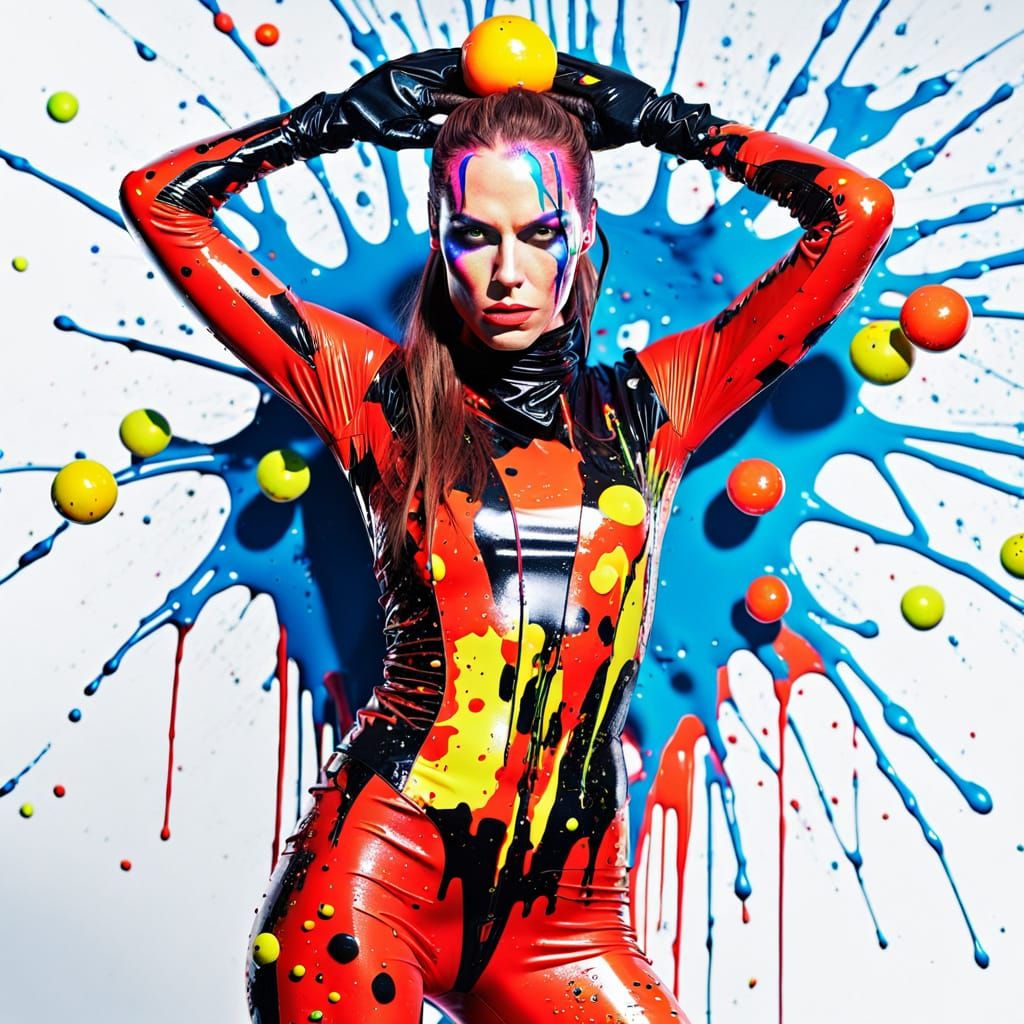 Woman in Latex Suit Splattered with Neon Paint