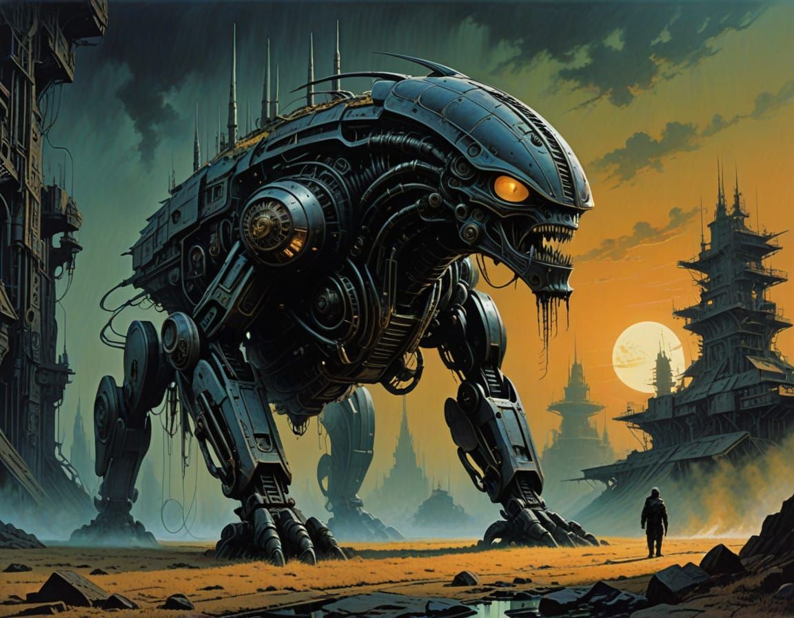 Biomechanical Feline Creature in Industrial Surrealism