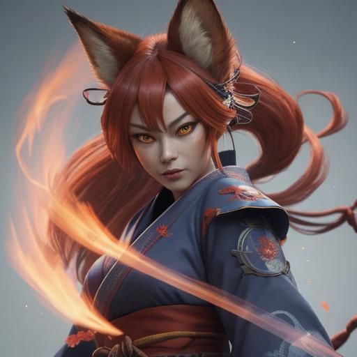 Kitsune Spirit with Samurai Mask in Anime Style