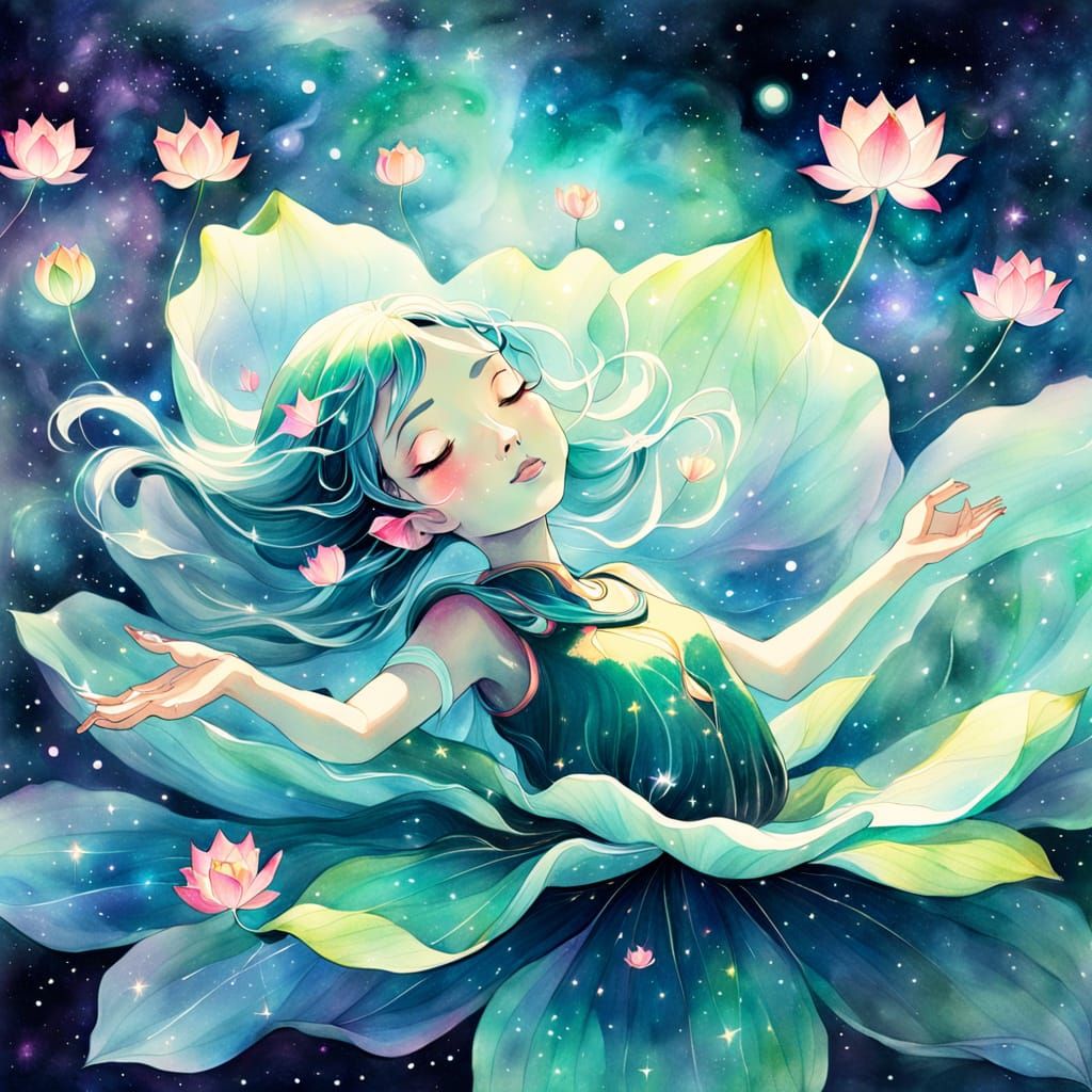 Stylized Lotus Girl in Cosmic Watercolor Sketch