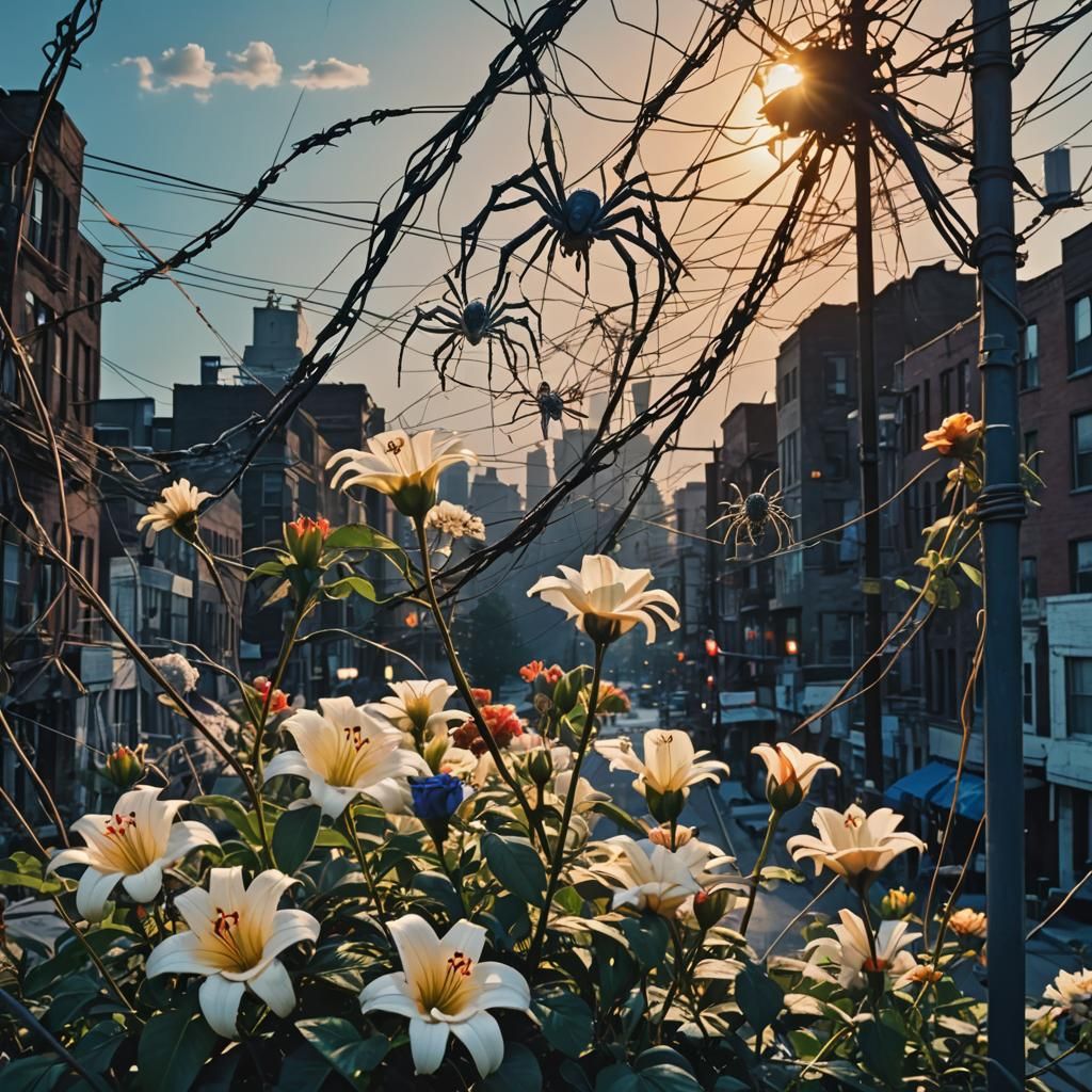 Surreal Spider Cityscape with Flowers at Sunset