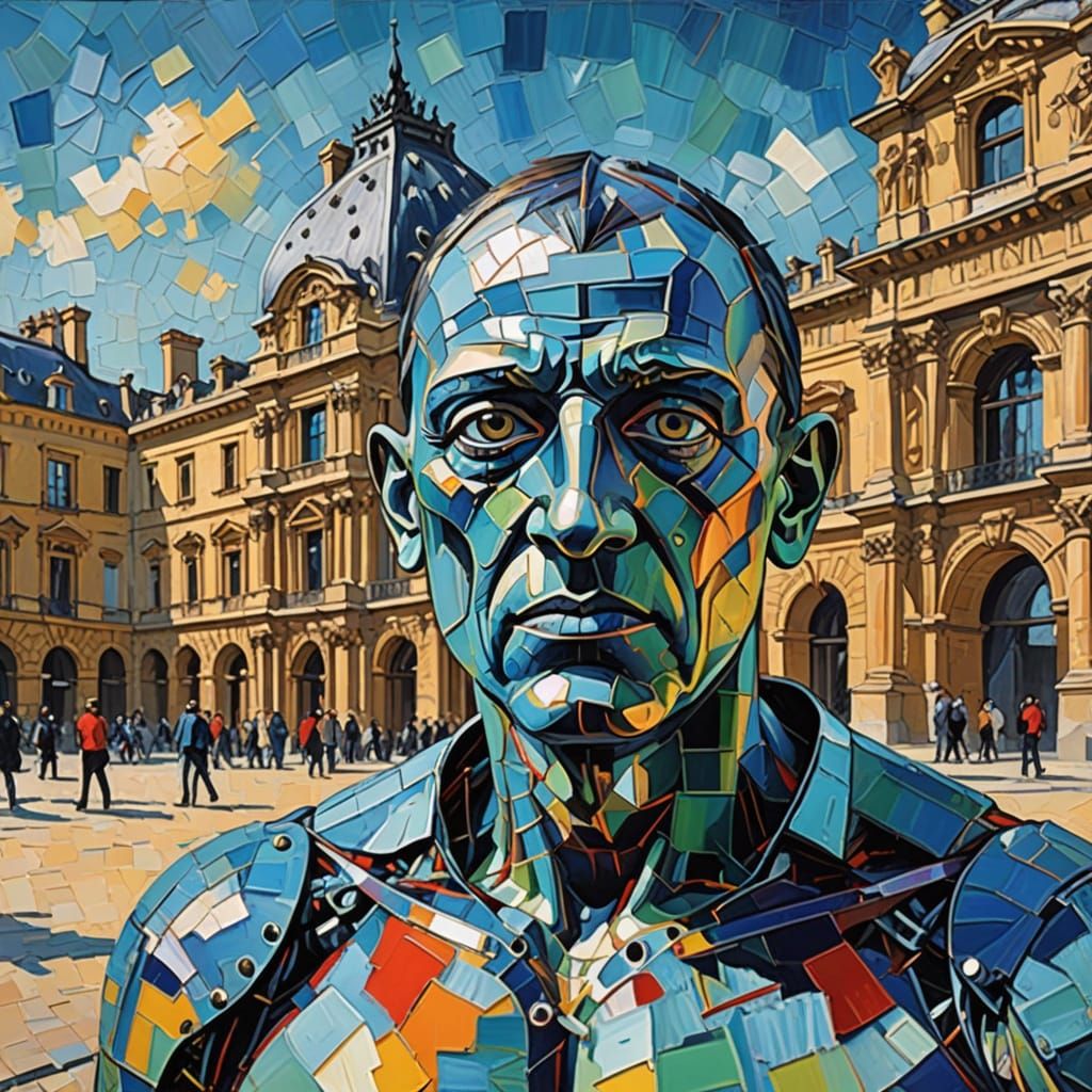 Cyborg Picasso in Neo-Impressionist Style at the Louvre