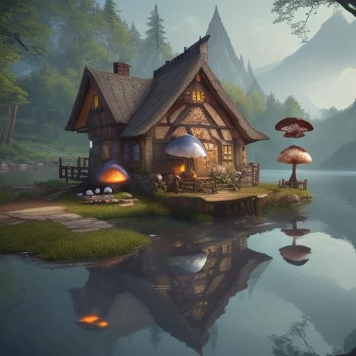 Mushroom Cottage and Lake in Fantasy Concept Art