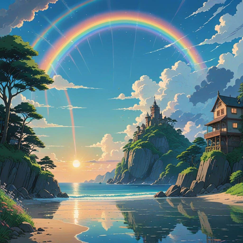 Whimsical Anime Rainbow Over Calm Sea