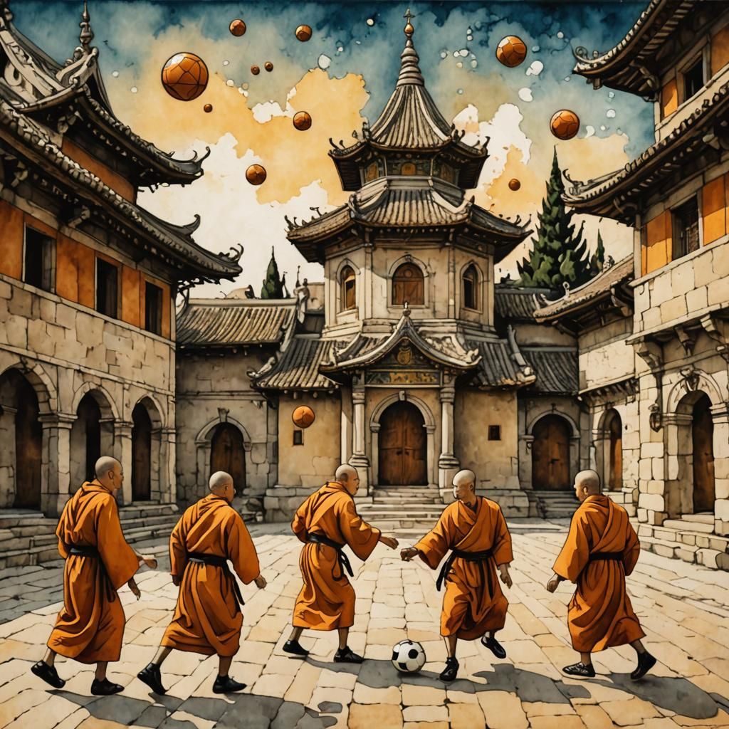 Monks Play Football: A Watercolour Cubist Illustration