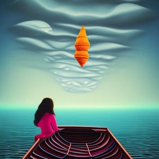 Woman in Boat with UFOs: Surreal Digital Art