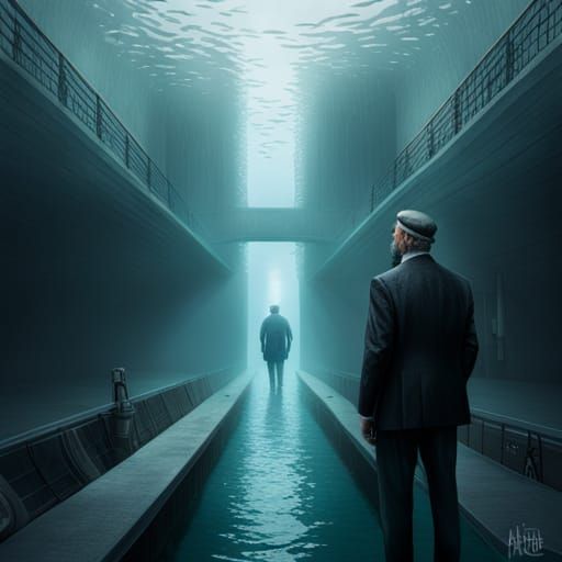 Titanic Interior with Old Man in Cyberpunk Style