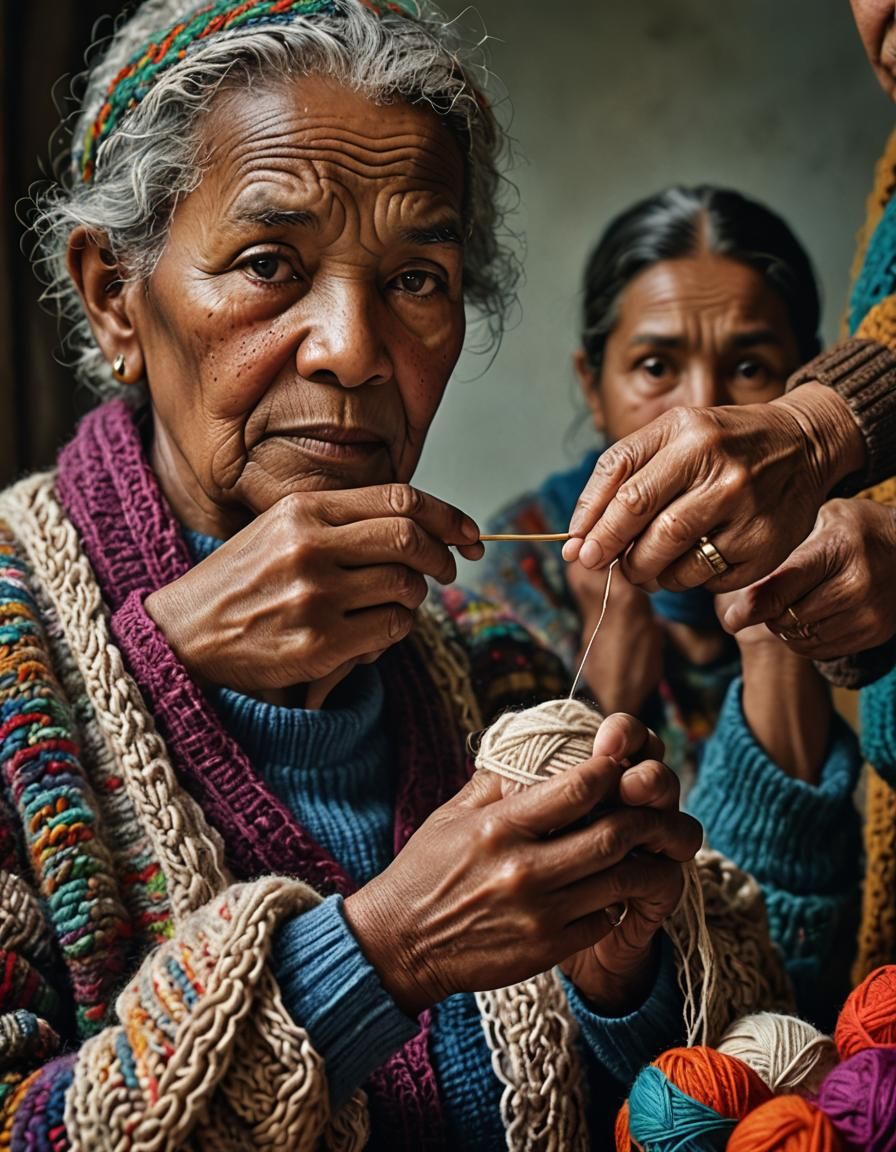 Elderly Knitters: Hyperrealistic Close-Up Portrait