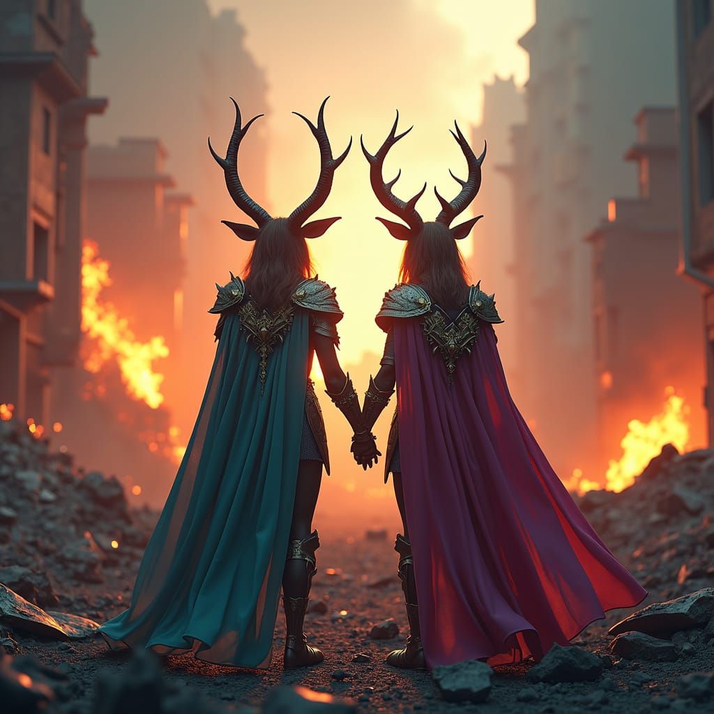 Armored Animal Girls in Burning Cityscape