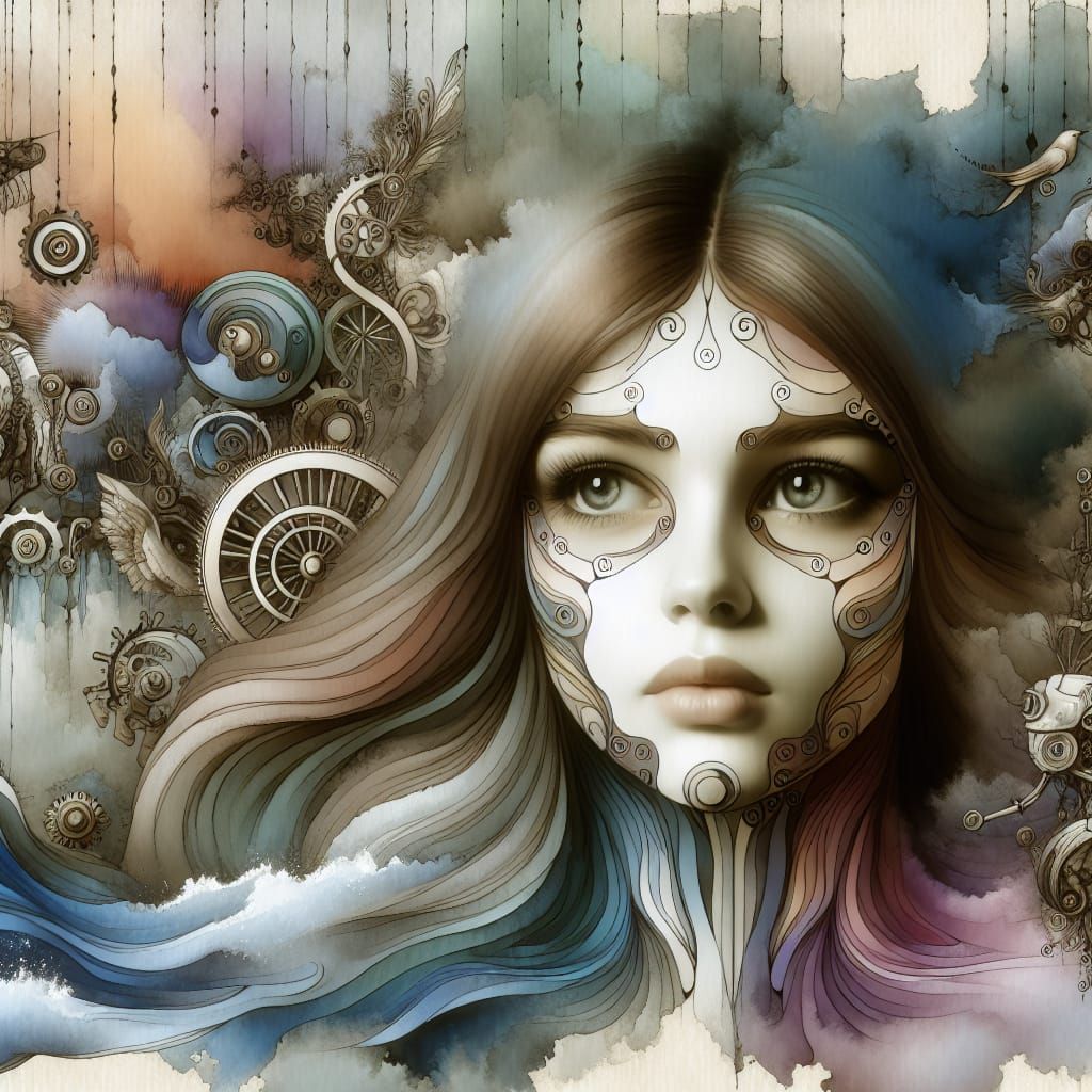 Mechanical Surreal Girl in Watercolor Style
