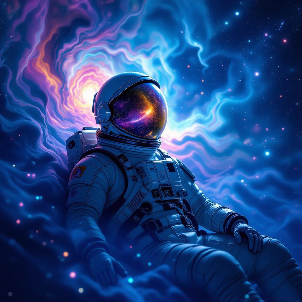 Astronaut Adrift in Cosmic Ocean with Swirling Nebulae